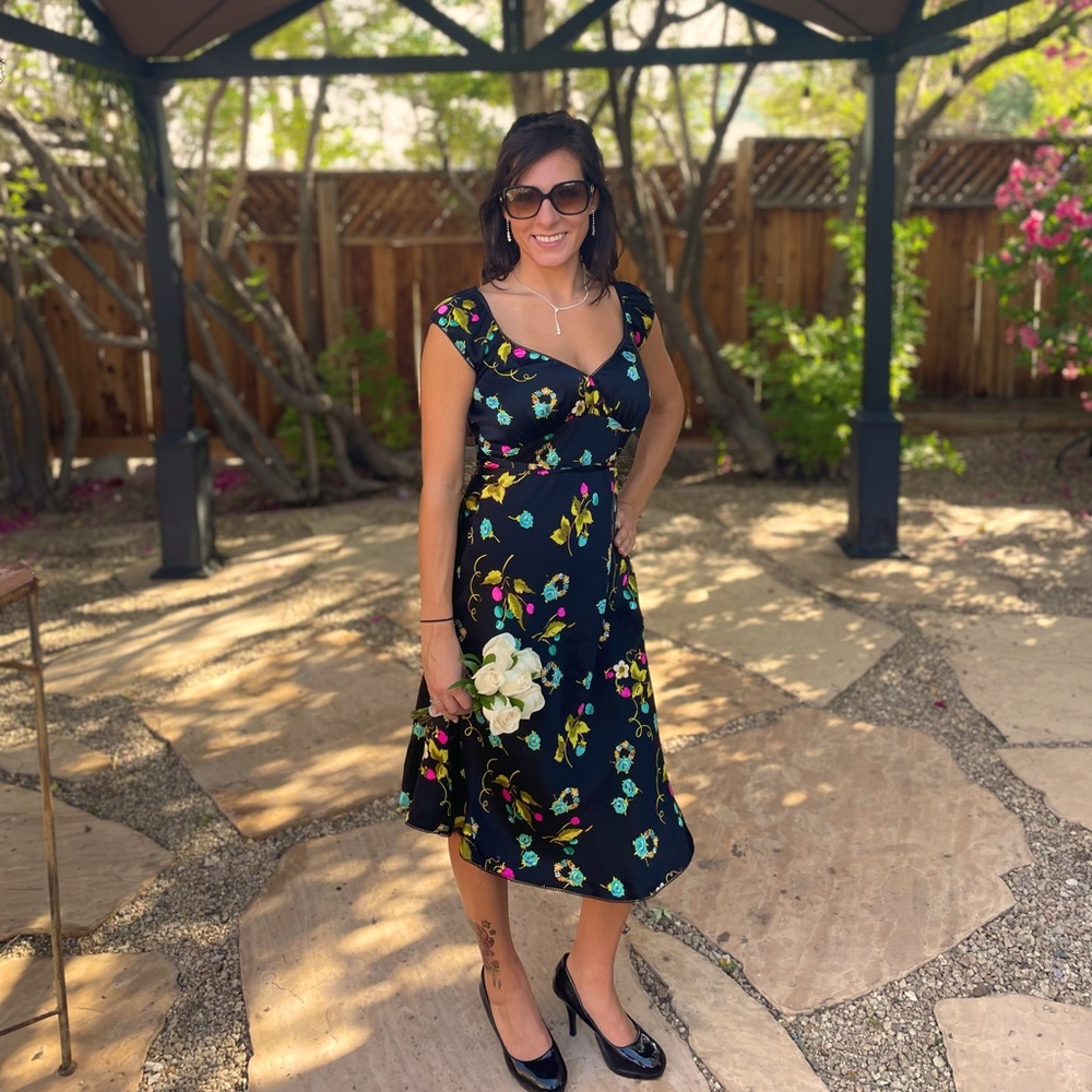 Betsy Johnson 1990s Black Floral Silk Dress